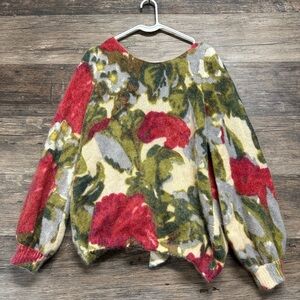 Sezane Floral Crew Neck Sweater - Red, Green, Cream